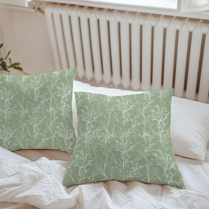 Sage Green Branches Waterproof Outdoor Pillow Covers Set of 2 Home Decor, Abstract Art Leaves Plant Pillowcase Patio Pillow Covers for Couch Bench Patio Furniture Garden 26x26in