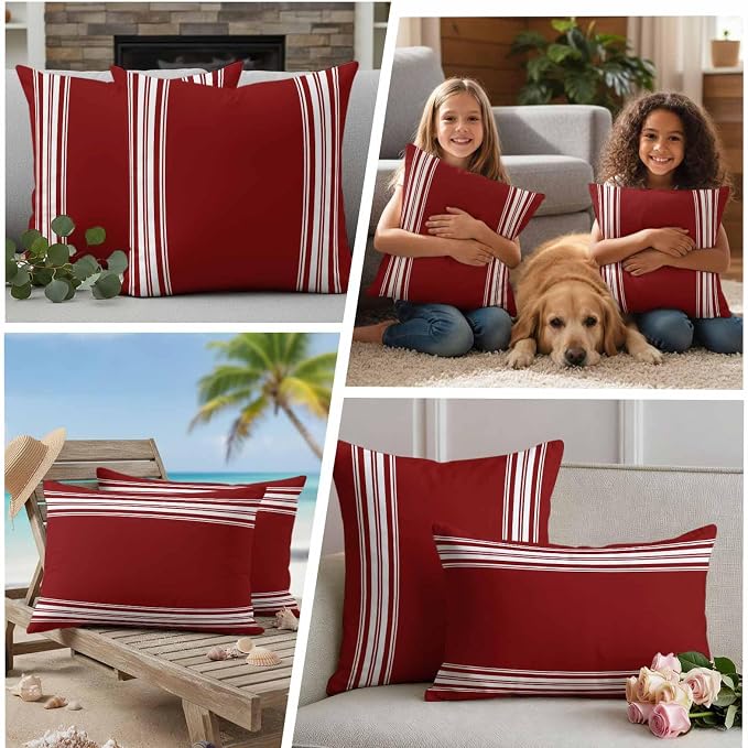 Outdoor Pillow Covers 18x18 Set of 2 Burgundy Red Stripe Outdoor Pillows Waterproof Throw Pillow Covers French Stripe Farmhouse Style Pillowcases Decorative Case for Patio Cushion