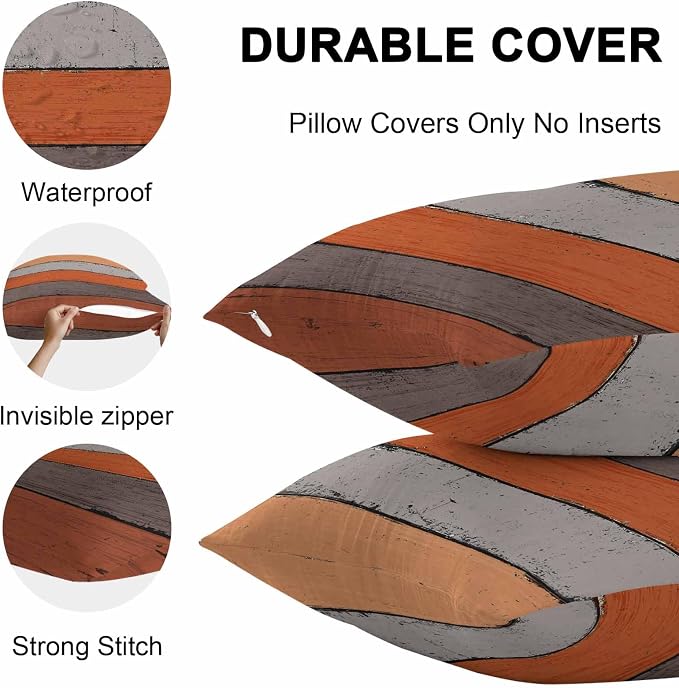 Outdoor Throw Pillow Covers 26X26 Set of 2 Waterproof Ombre Burnt Orange Gray Decorative Zippered Cushion Covers for Patio Furniture, Farmhouse Retro Rustic Barn Wood Texture Lumbar Pillowcases