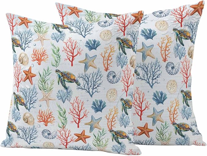 Summer Ocean Outdoor Waterproof Pillow Covers Pack of 2, Blue Nautical Sea Turtles Shells Corals Starfish Decorative Throw Pillowcases Cushion Covers for Garden Patio Tent Sofa Couch, 16x16 inch