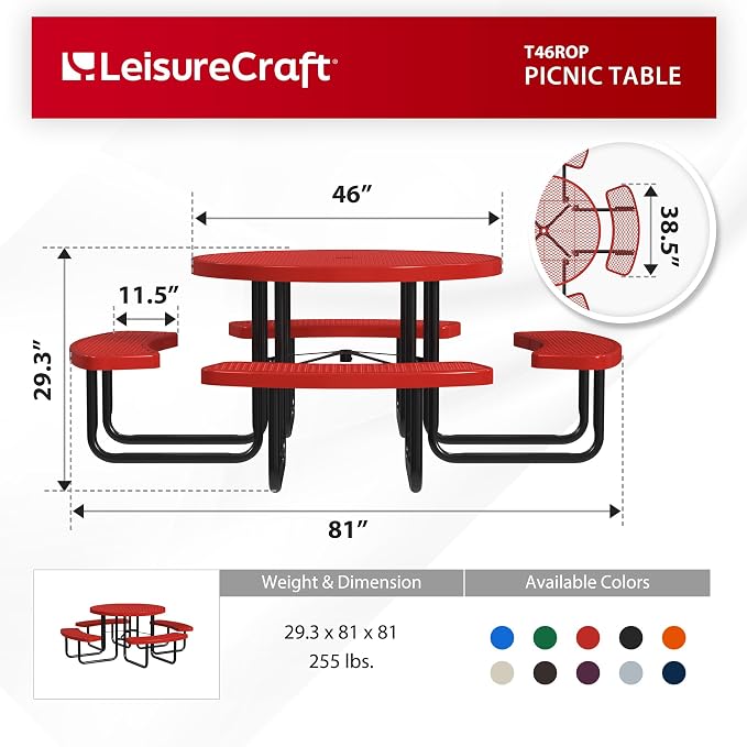 Leisure Craft Metal Picnic Table with Bench - 46" Round Outdoor Dining Table for 8 with Umbrella Hole, Weatherproof Heavy Duty Thermoplastic Coating, Commercial Grade Furniture Made in USA - Red