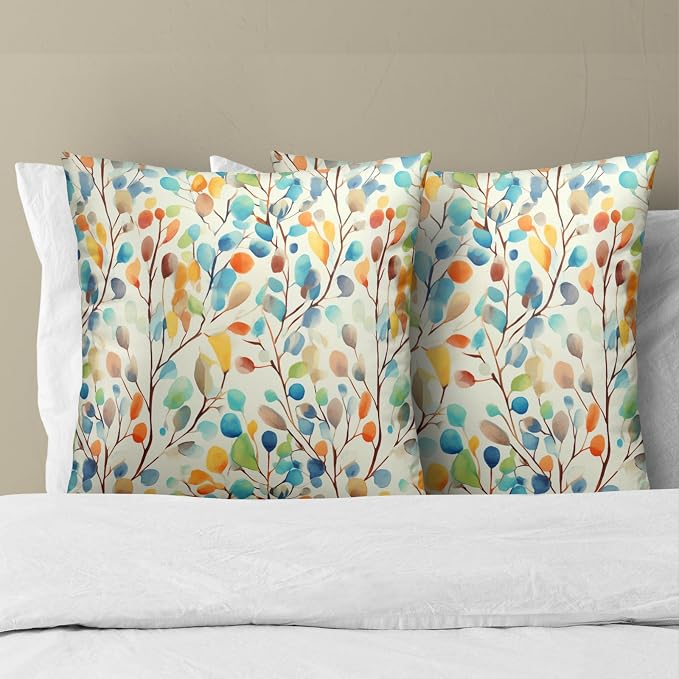 Colorful Floral Throw Pillow Covers 18x18 Set of 2 - Abstract Watercolor Botanical Leaves Square Cushion Pillowcases for Bedroom Sofa Living Room Couch Office Decor