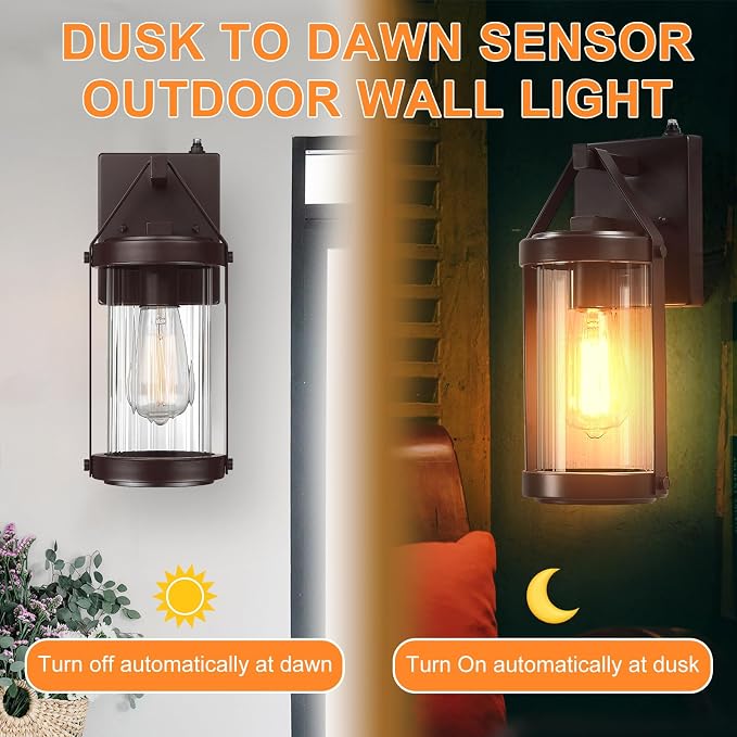 2 Pack Dusk to Dawn Sensor Brown Outdoor Wall Sconce Lightings | Waterproof Exterior Porch Lantern Rustic Outside Garage Light Fixtures Wall Mount for House Patio Front Door