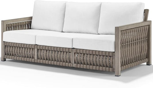 3 Seats Outdoor Sofa, Aluminum Patio Sofas Couch with Thick Cushions, Never-Rust 3-Seater Rope Weave Outside Patio Couch, Deep Seating Outdoor Sofa Furniture for Garden, Decks, Porch, Gray Oak