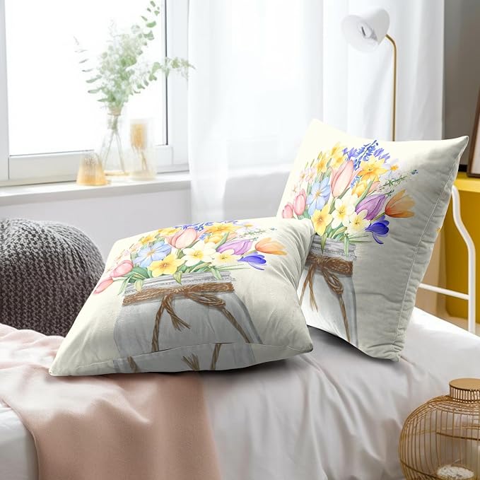 Easter Spring Flowers Pillow Covers 20x20 Inch, Set of 2 Colorful Tulips Lavender Floral Mason Jar Throw Pillowcases with Zipper Square Cushion Cover for Couch Sofa Bed Home Decor