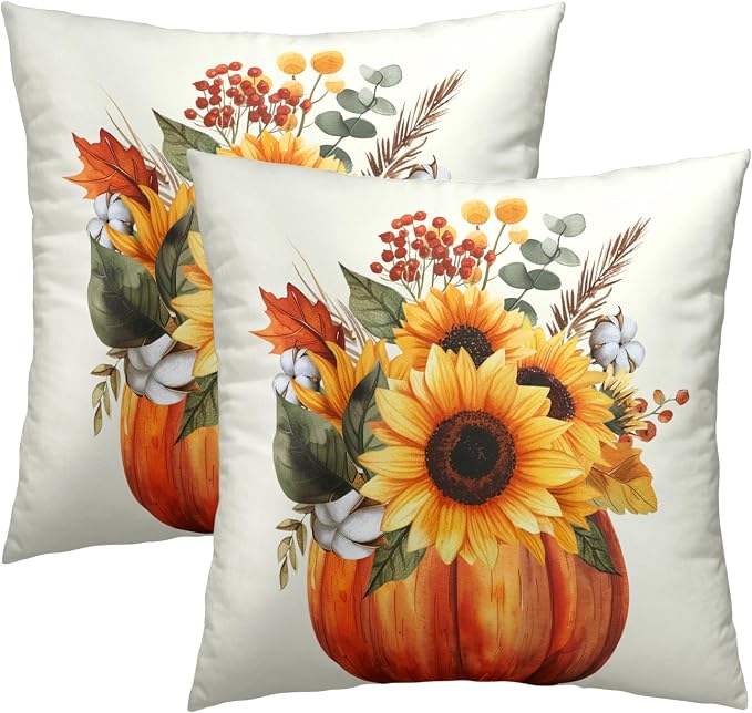 Fall Sunflower Pumpkin Pillow Cover Set of 2-22x22 Inch Autumn Flower Floral Harvest Seasonal Decorative Sofa Couch Cushion Case for Porch Patio Outdoor Indoor Home Decor