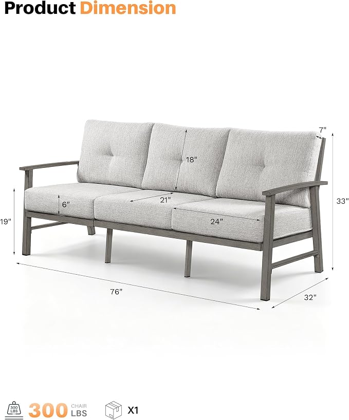 3 Seats Patio Furniture Sofa, Outdoor Aluminum Couch with 5.9'' Soft Cushion, 3-Seater All-Weather Outdoor Patio Furniture Sofa Couch for Balcony, Poolside, Lawn, Limed Oak