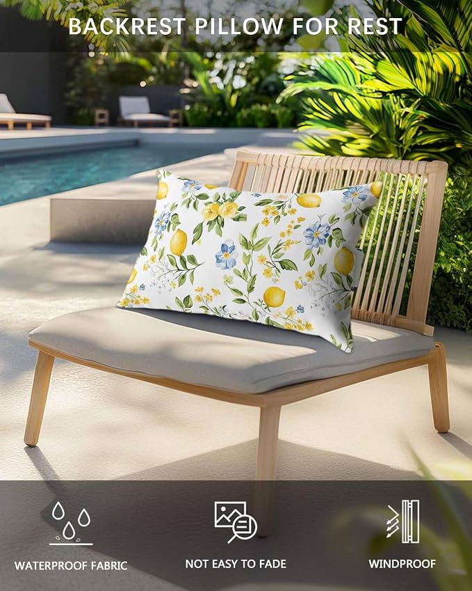 Chaise Lounge Head Pillows,Country Yellow Lemon Green Leaf Outdoor Waterproof Patio Throw Pillows Farmhouse Fruit Flower Plant Lumbar Pillow for Patio Beach Pool