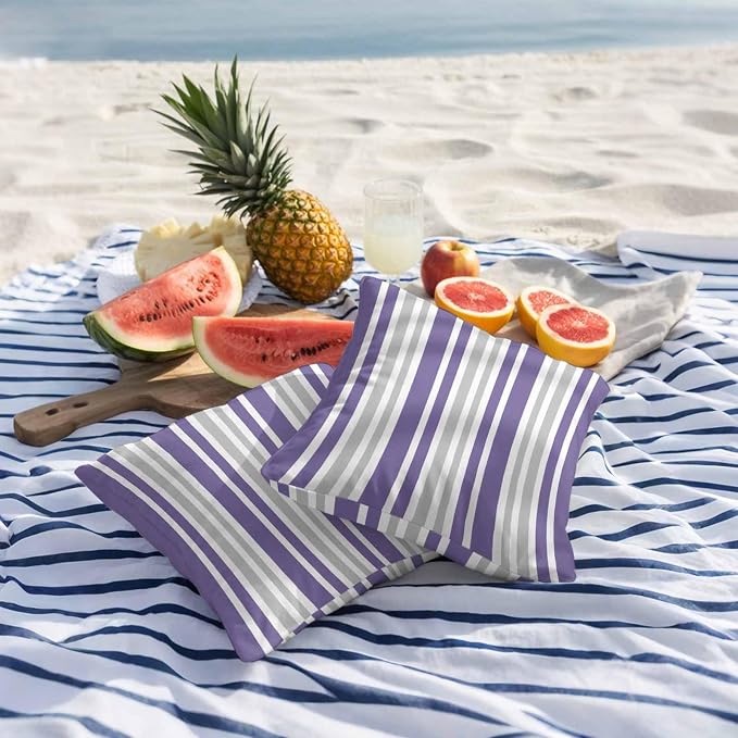 Purple Grey Stripe Outdoor Pillow Covers 24x24 Inch Throw Pillow Covers Set of 2 Waterproof Decorative Pillow Cases Farmhouse Minimalist Striped Cushion Covers for Patio Furniture Garden Couch Sofa