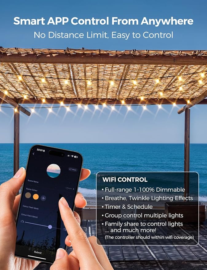 XMCOSY+ Patio Lights, Smart 50Ft Outdoor String Lights with 25 G40 Bulbs | Dimmable LED globe bulbs, APP control, works with Alexa, IP65 waterproof, connectable design for outdoor patio decor