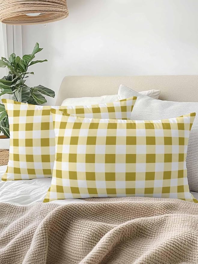 Waterproof Outdoor Pillow Set of 2 Buffalo Plaid Decorative Throw Pillows Cover & Insert 20x12 Inch Lumbar Pillowcase Yellow Check Lines Pillows for Couch Sofa Bed Patio Furniture Indoor Outdoor