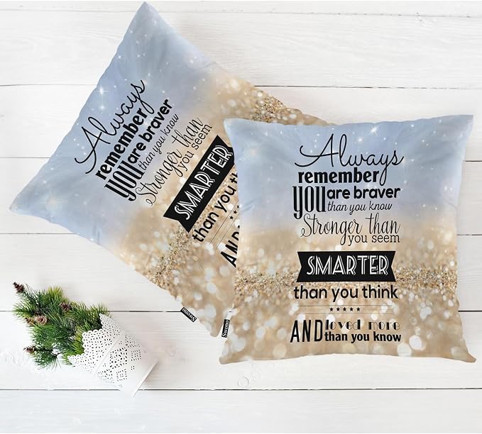 Swono Inspiration Quote Pack of 2 Decorative Throw Pillow Covers Cushion Covers, Remember You are Stronger Braver Couch Pillow Case Boho Pillowcase for Home Sofa Car 18"X18" Sparkle Golden