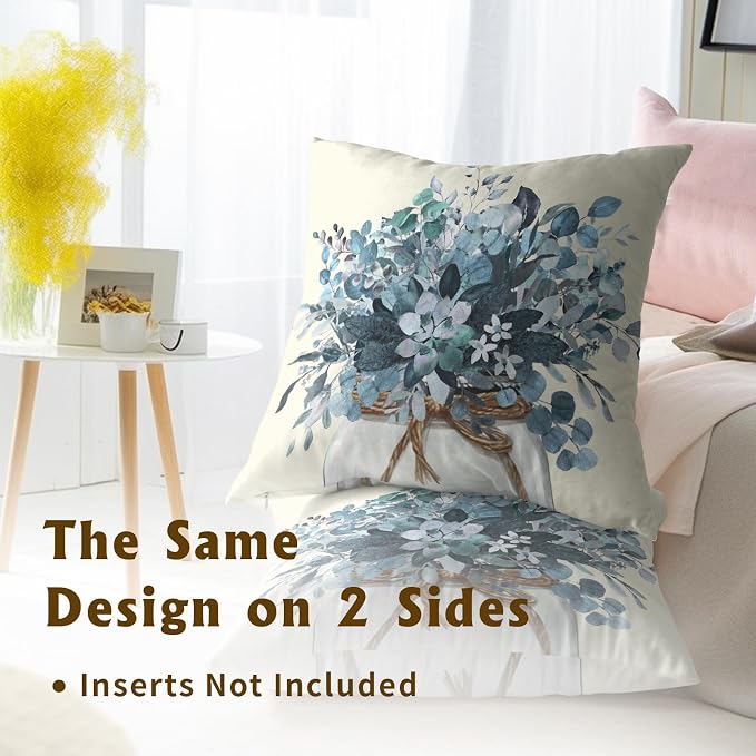 Eucalyptus Throw Pillow Covers 16x16 Set of 2, Winter Mason Jar Blue Leaves Branch Floral Decorative Pillow Cases Farmhouse Cotton Cushion Cover for Couch Sofa Bed Home Decor
