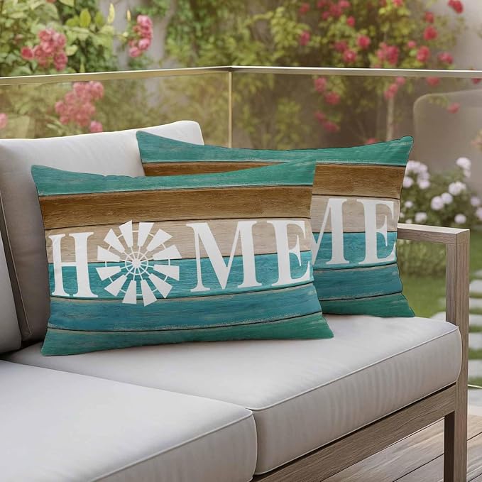Outdoor Pillow Covers Set of 2, Home Windmill Farmhouse Wooden Decorative Throw Pillow Covers 20X12IN, Farm Teal Wood Board Throw Pillows Protector Cushion Case for Patio,Couch,Sofa,Garden