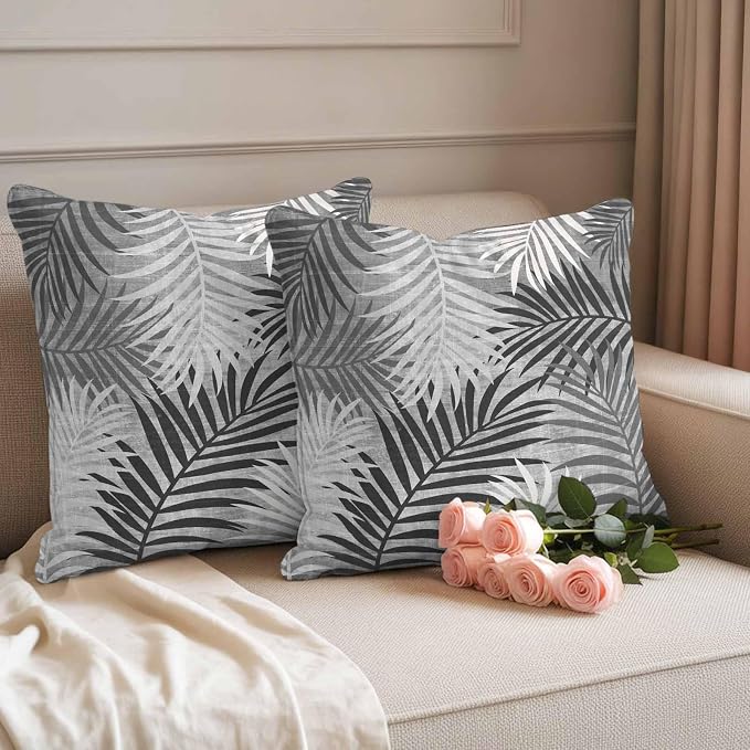 Outdoor Waterproof Throw Pillow Covers, Grey Palm Leaves Decorative Pillow Cases, Summer Botanical Tropical Leaf Couch Pillow Protector Patio Sofa Cushion Covers Replacement 18"x18" 2 Pack