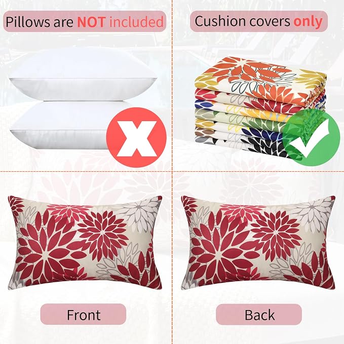 Outdoor Waterproof Pillow Covers Set of 2 Dahlia Decorative Throw Pillow Covers 12x20 Inch Waterproof Cushion Cover Red and Pink Square Pillowcases for Living Room Patio Garden Couch Bench