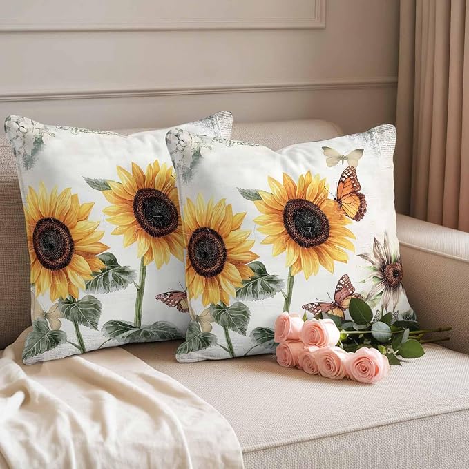 Sunflower Outdoor Waterproof Throw Pillow Covers Set of 2, 20"x20", Farmhouse Rustic Retro Summer Floral Butterfly Decorative Pillow Covers Outside Cushion Case for Patio Porch Garden