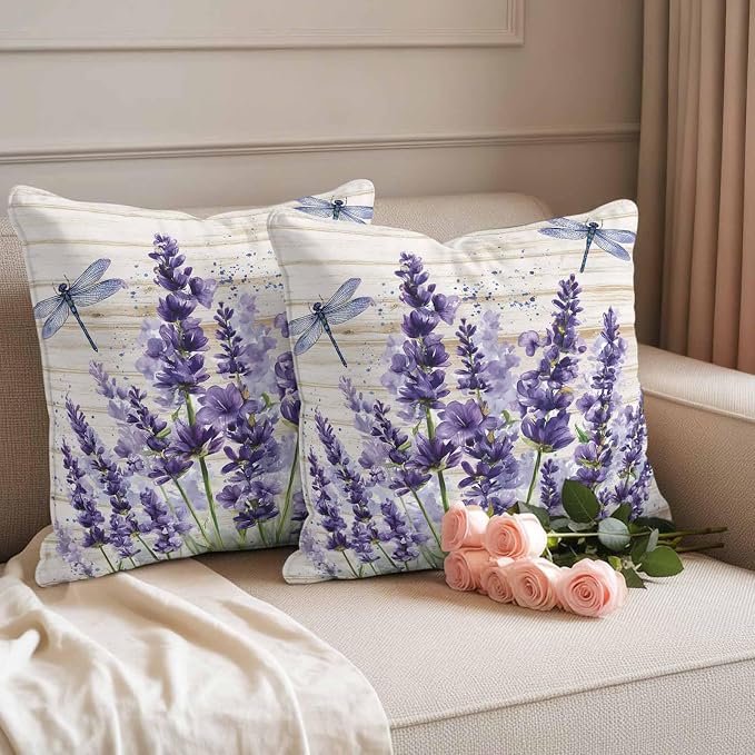 Outdoor Waterproof Throw Pillow Covers Set of 2 Lavender Flower Pillowcases 24x24 Inches Purple Floral Dragonfly Wood Decorative Pillows Cushion Case Patio Pillows for Couch Bed Chair Garden