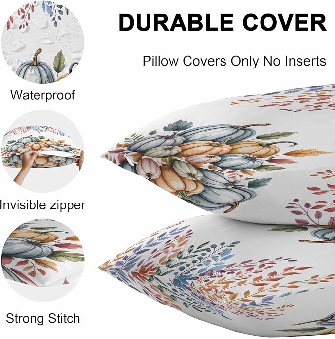 Orange Fall Pumpkins Outdoor Waterproof Pillow Covers, Eucalyptus Leaves Country Farmhouse Decorative Square Throw Pillowcase Sofa Cushion Sham for Patio/Couch/Chair, 18"x18" 2 Pack