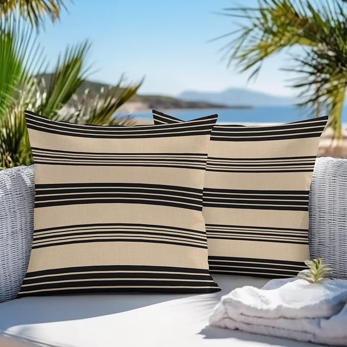 JasmineM Outdoor Pillow Cover Set of 2 Rustic Black Brown Stripes Waterproof Throw Pillow Covers Classic Parallel Lines Decorative Pillowcases Garden Cushion Case for Patio Couch Sofa 18x18 Inch