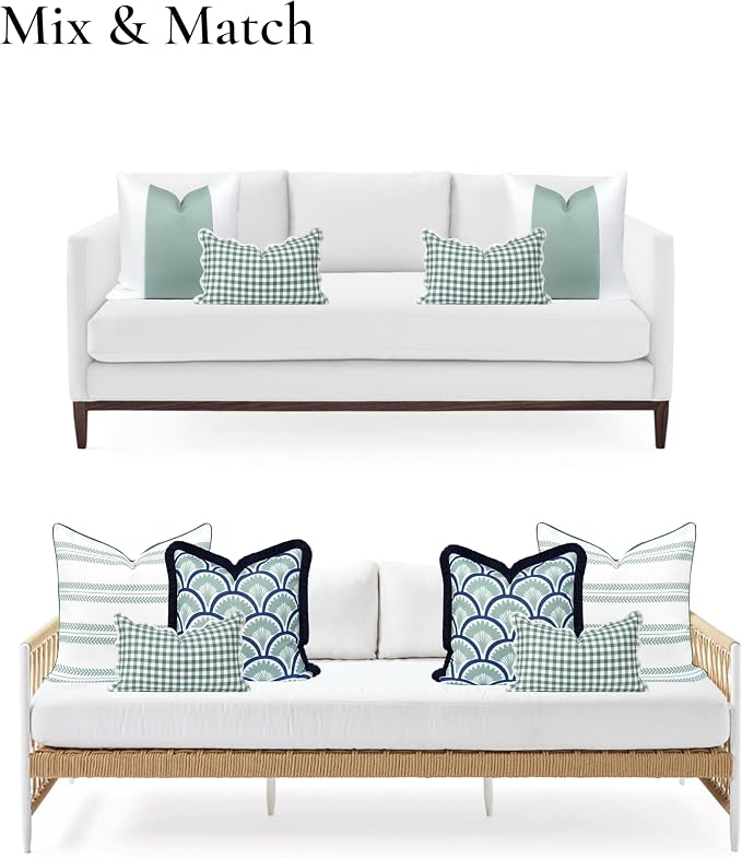 Hofdeco Premium Coastal Grandmillennial Scalloped Patio Indoor Outdoor Lumbar Pillow Cover Only, 12"x20" Water Repellent for Backyard, Couch, Poolside, Forest Green Print Gingham