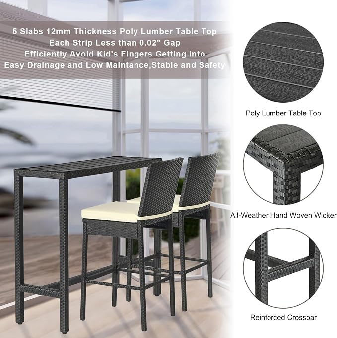 Outdoor Bar Table, Outdoor Console Table for Patio 45" Long Bar Height Table Hot Tub Tall Tables Wicker High Top Pub Serving Tables Narrow Sofa Sideboard Black
