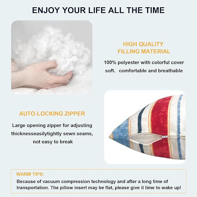 DYTXIII Pack of 2 Waterproof Outdoor Lumbar Pillow with Inserts, 12x20 in Rectangle Decorative Patio Throw Pillow for Home, Sofa,Bench and Patio Furniture, Stripe Red Blue