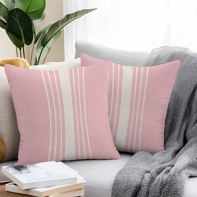Throw Pillow Covers 18x18 Inch Set of 2, Pink Beige Striped Waterproof Outdoor Cushion Covers, Modern Farmhouse Retro Lines Decorative Pillowcases for Couch, Sofa, Bed, Garden, Patio
