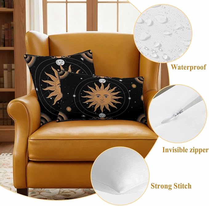 Celestial Sun and Moon Waterproof Outdoor Pillow Covers Set of 2 Home Decor, Black Sky Gold Star Boho Lumbar Pillowcase Patio Pillow Covers for Couch Bench Patio Furniture Garden 20x20in