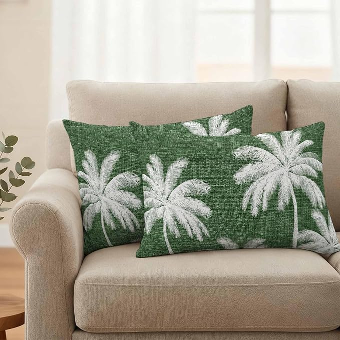 Lumbar Pillow Covers 20x12 Inch Set of 2, Dark Green Palm Trees Waterproof Outdoor Pillow Covers, Farmhouse Tropical Summer Beach Decorative Cushion Pillowcases for Couch, Sofa, Bed, Garden, Patio