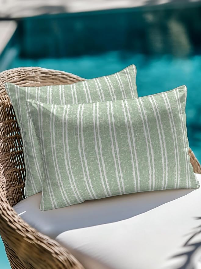 Waterproof Outdoor Pillow Set of 2 Green Linen Striped Decorative Throw Pillows Cover & Insert 20x12 Inch Lumbar Pillowcase Vertical Stripes Lines Pillows for Couch Sofa Bed Patio Furniture