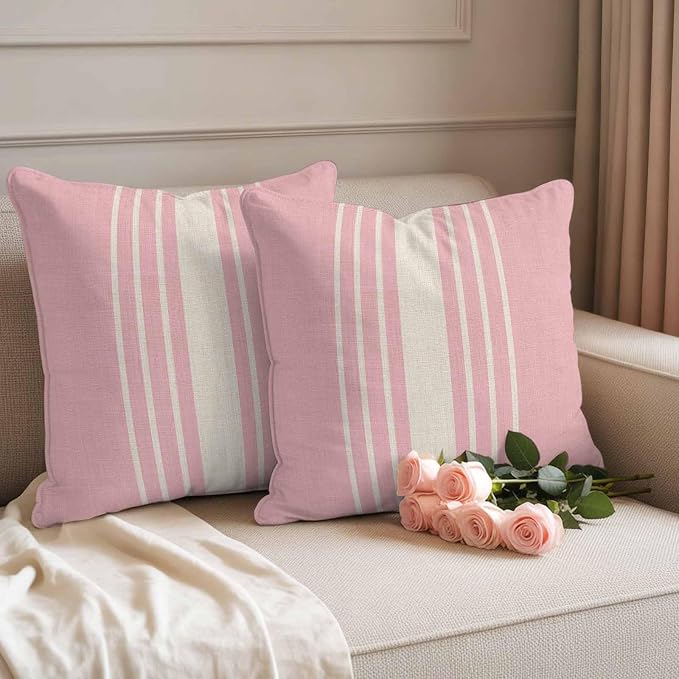 Throw Pillow Covers 16x16 Inch Set of 2, Pink Beige Striped Waterproof Outdoor Cushion Covers, Modern Farmhouse Retro Lines Decorative Pillowcases for Couch, Sofa, Bed, Garden, Patio