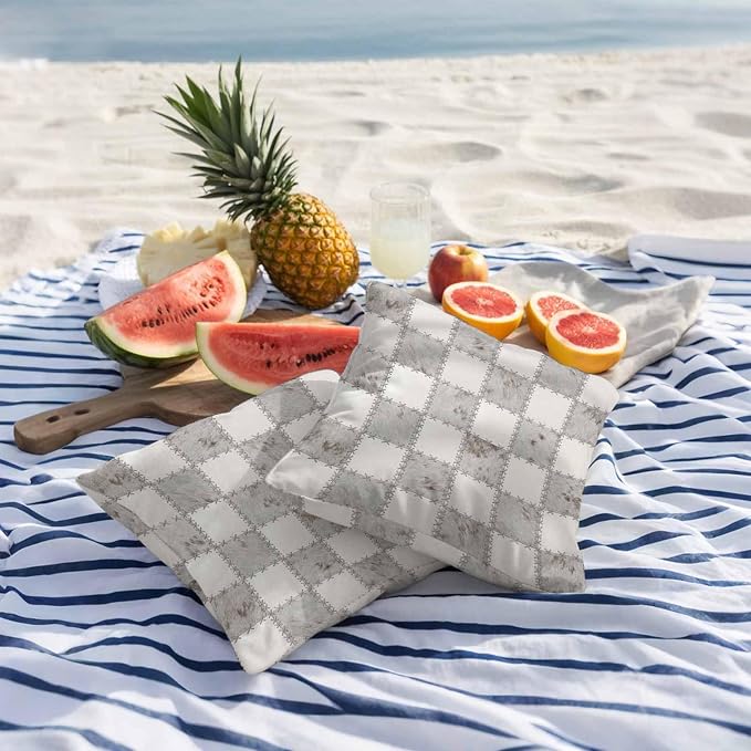 Cream Gray Checkered Outdoor Pillow Covers 20x20 Inch Throw Pillow Covers Set of 2 Waterproof Decorative Pillow Cases Modern Farmhouse Plaid Fur Texture Cushion Covers for Patio Furniture Garden Couch