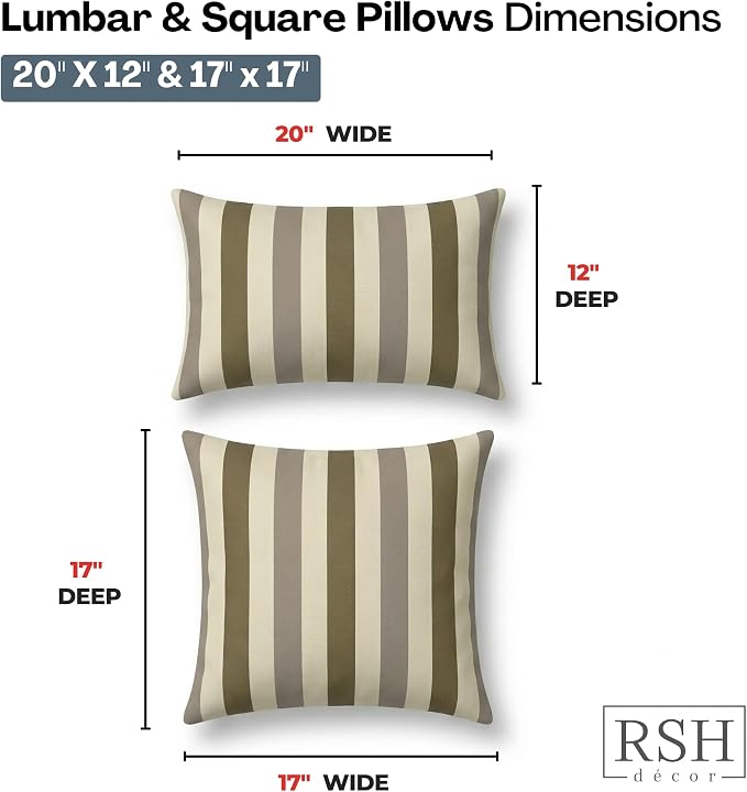 RSH DECOR: Sunbrella Lumbar & Square Pillows Set of 4 | 20" x 12" & 17" x 17" | Water and Fade-Resistant Fabric | Outdoor Throw Pillows for Patio Furniture | Made in USA (Portico Sparrow)
