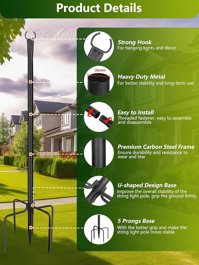 String Light Poles for Outside, 4 Pack 10 ft Adjustable Light Poles | Heavy Duty, Weather Resistant, 5 Prong Stable Base, Ground & Fence Mount, Fence Clips Included, For Patio Garden Porch Decor