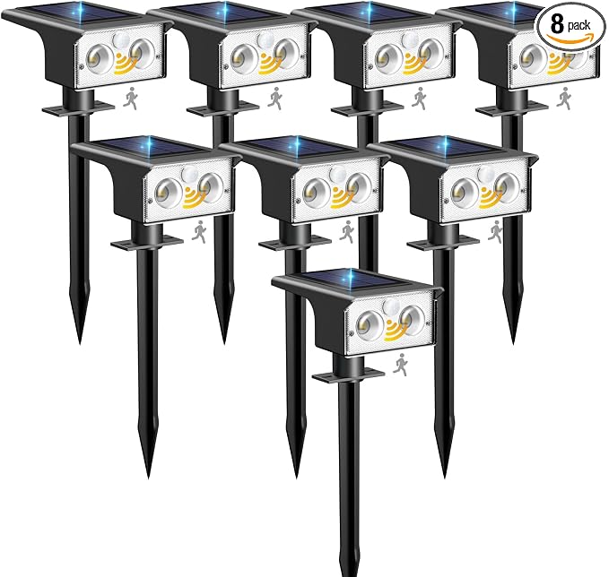 btfarm 8 Pack Solar Lights Outdoor Waterproof, Motion Sensor Outdoor Lights | 3 Modes Solar Powered Yard Garden Solar Spot Lights for Outside Pathway Landscape Lighting, Cool White