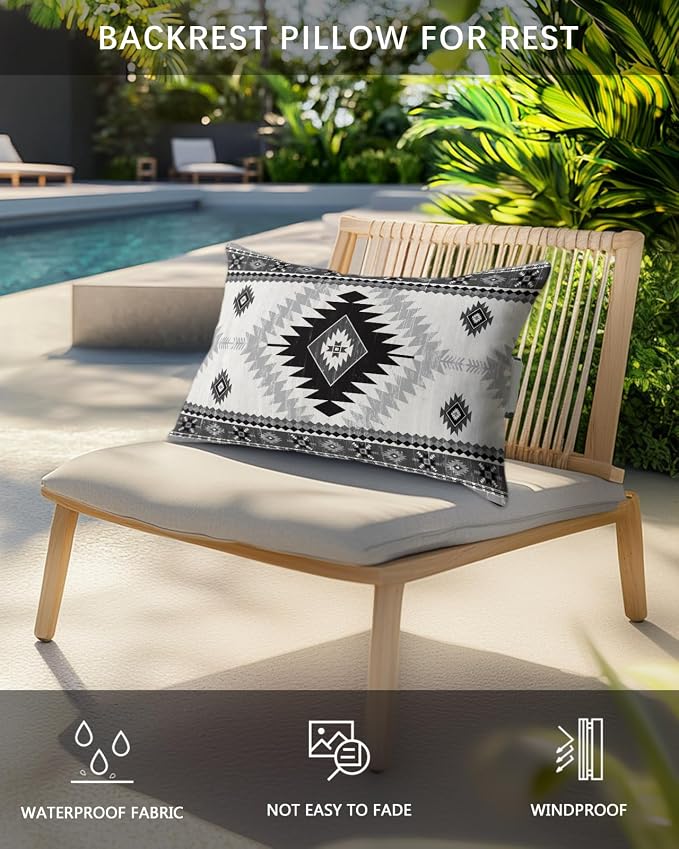Outdoor Pillows Waterproof Covers Set of 2, Black Bohemian Adjustable Elastic Chaise Lounge Headrest Pillow Covers, Aztec Boho Tribal Decorative Lumbar Pillow for Pool Patio Furniture 20x12 Inch