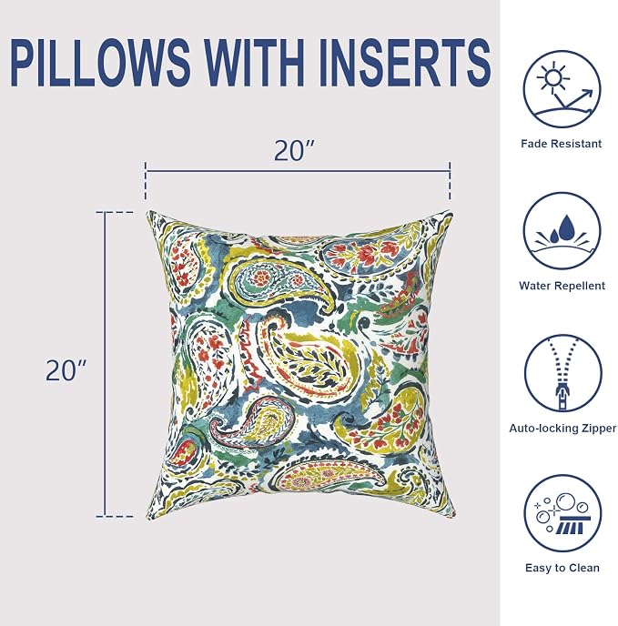 Outdoor 20x20 Inch Throw Pillows with Inners, Square Pillows Decorative Set of 2 for Home Garden Furniture, Paradise Paisley