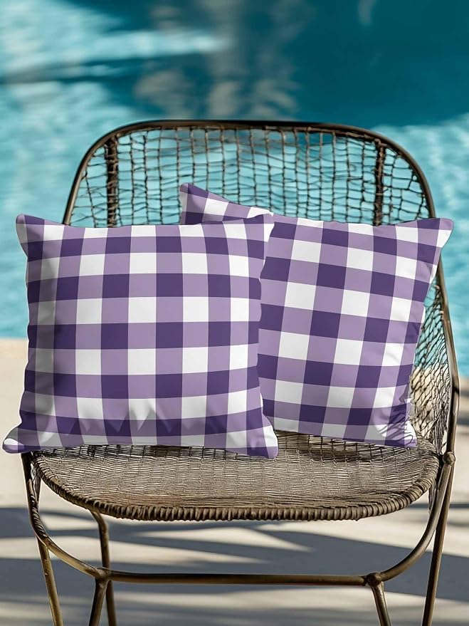Waterproof Outdoor Pillow Set of 2 Purple Buffalo Plaid Decorative Throw Pillows Cover & Insert 16x16 Inch Pillowcase Check Lines Square Pillows for Couch Sofa Bed Patio Furniture Indoor Outdoor