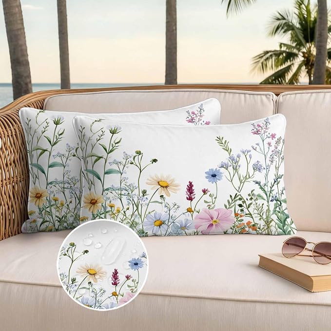 Farms Wildflowers Outdoor Waterproof Throw Pillow Covers Set of 2, 20"x12", Herbs Countryside Watercolor Floral Leaf Decorative Pillow Covers Outside Cushion Case for Patio Porch Garden