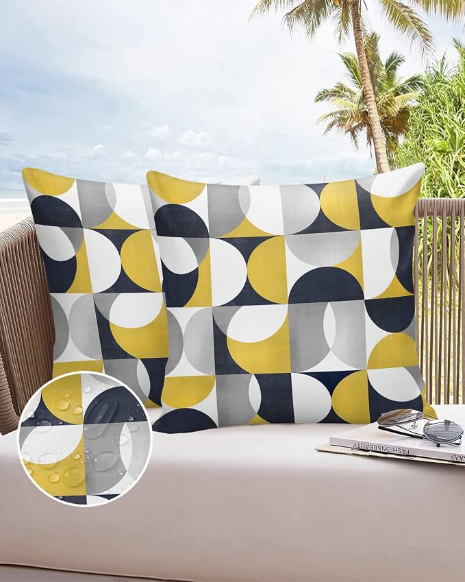 Vandarllin Outdoor Throw Pillows Covers 16x16 inch Set of 2 Waterproof Mid Century Geometric Decorative Zippered Cushion Covers for Patio Furniture, Abstract Modern Yellow Lumbar Pillowcases