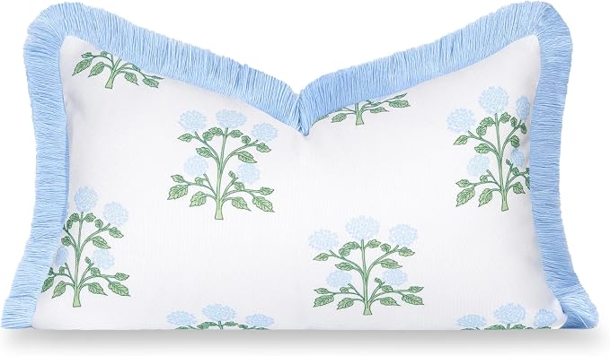 Hofdeco Premium Grandmillennial Coastal Hampton Patio Indoor Outdoor Lumbar Pillow Cover Only, 12"x20" Water Repellent for Backyard, Couch, Poolside, Baby Blue Green Print Hydrangea Flowers