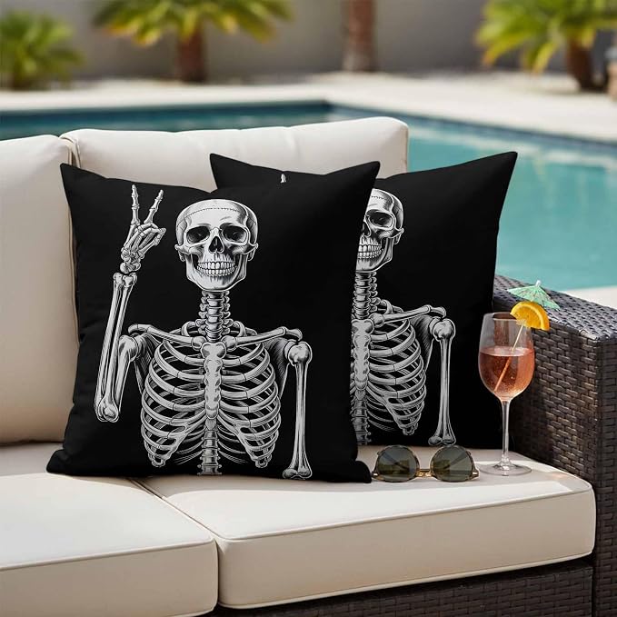 Halloween Skeleton Outdoor Pillow Covers 18x18 Inch Throw Pillow Covers Set of 2 Waterproof Decorative Pillow Cases Retro Funny Skull Abstract Black Cushion Covers for Patio Furniture Garden Couch