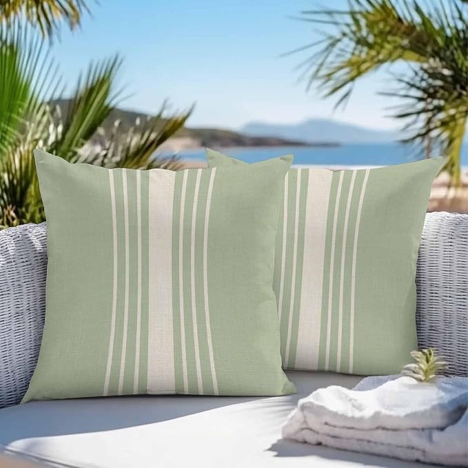 Throw Pillow Covers 24x24 Inch Set of 2, Sage Green Beige Striped Waterproof Outdoor Cushion Covers, Modern Farmhouse Retro Lines Decorative Pillowcases for Couch, Sofa, Bed, Garden, Patio