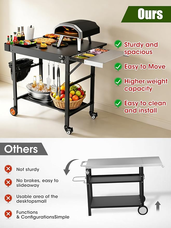 Outdoor Pizza Oven Table, Movable Grill Side Table, Expansive Countertop Pizzas Oven Accessories, Pizzas Stands for Party with Wheels, Fits Ooni Blackstone Ninja Cuisinart Gozney