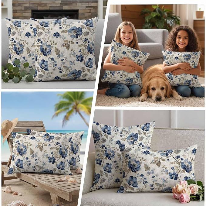 Blue Gray Waterproof Outdoor Pillow Covers 26''x26'' Set of 2, Vintage Botanical Patio Furniture Spring Florals Cushion Covers for Chairs, Decorative Farmhouse Pillow Cases for Garden/Pool/Beach