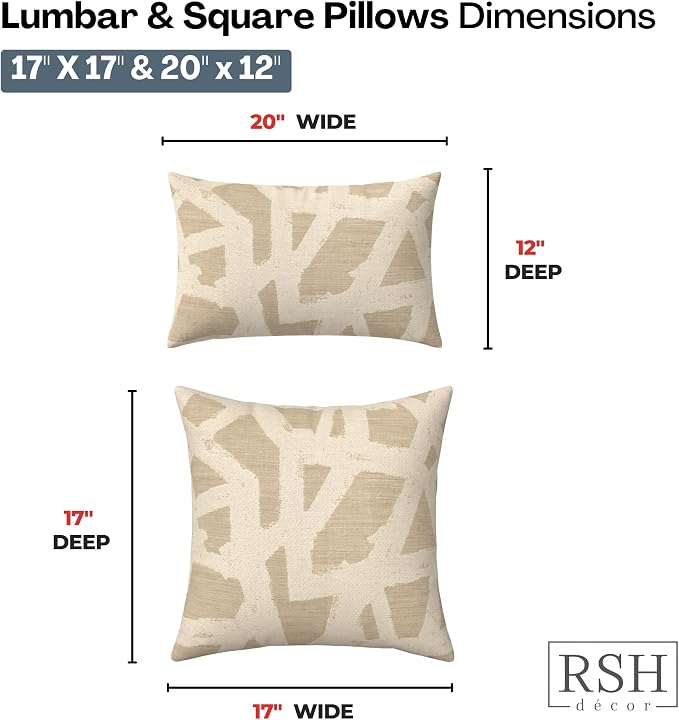 RSH DECOR: Sunbrella Lumbar & Square Pillows Set of 4 | 20" x 12" & 17" x 17" | Water and Fade-Resistant Performance Fabric | Outdoor Throw Pillows for Patio Furniture | Made in USA (Draft Parchment)