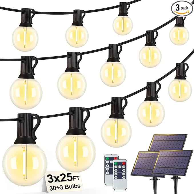 75FT(3x25FT) Solar String Lights with Remote, 30+3 G40 Bulbs, Black | Solar Powered, Dusk to Dawn, Dimmable, Timer, Memory Function, LED Globe Hanging Lights for Balcony Pergola Porch Decor