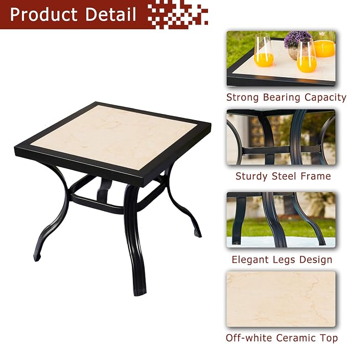 Festival Depot Metal Steel Outdoor Side Table Patio Bistro Square Dining Table Ceramics Top with Steel Legs (1pc Dining Table, Ceramics)