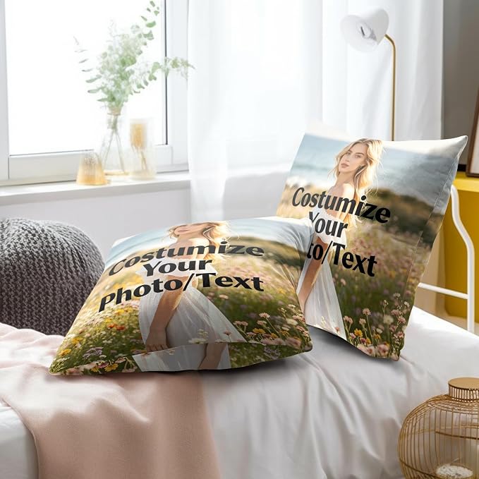 Custom Design Photos or Text Throw Pillow Covers 22x22 Inch – Pack of 2 Personalized Pet Photo Cotton Hidden Zipper Pillowcases for Couch Sofa Bed Porch Farmhouse Home Decor
